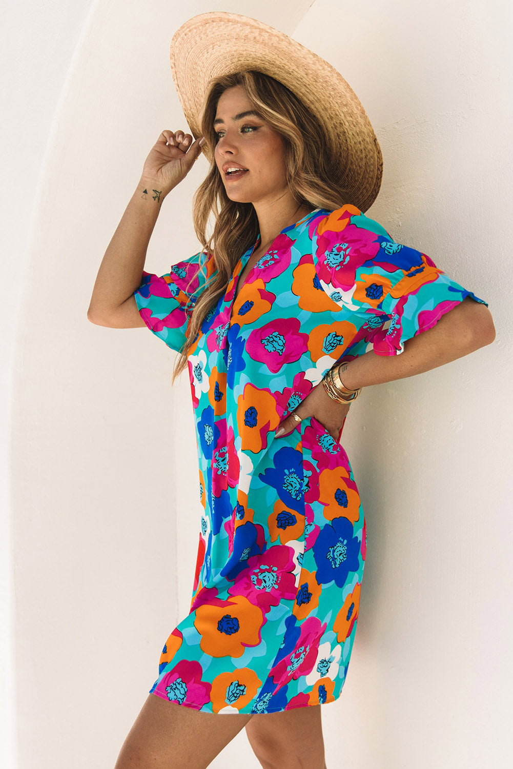 Multicolor Split V Collar Ruffle Sleeve Floral Shift Dress Floral Dresses JT's Designer Fashion