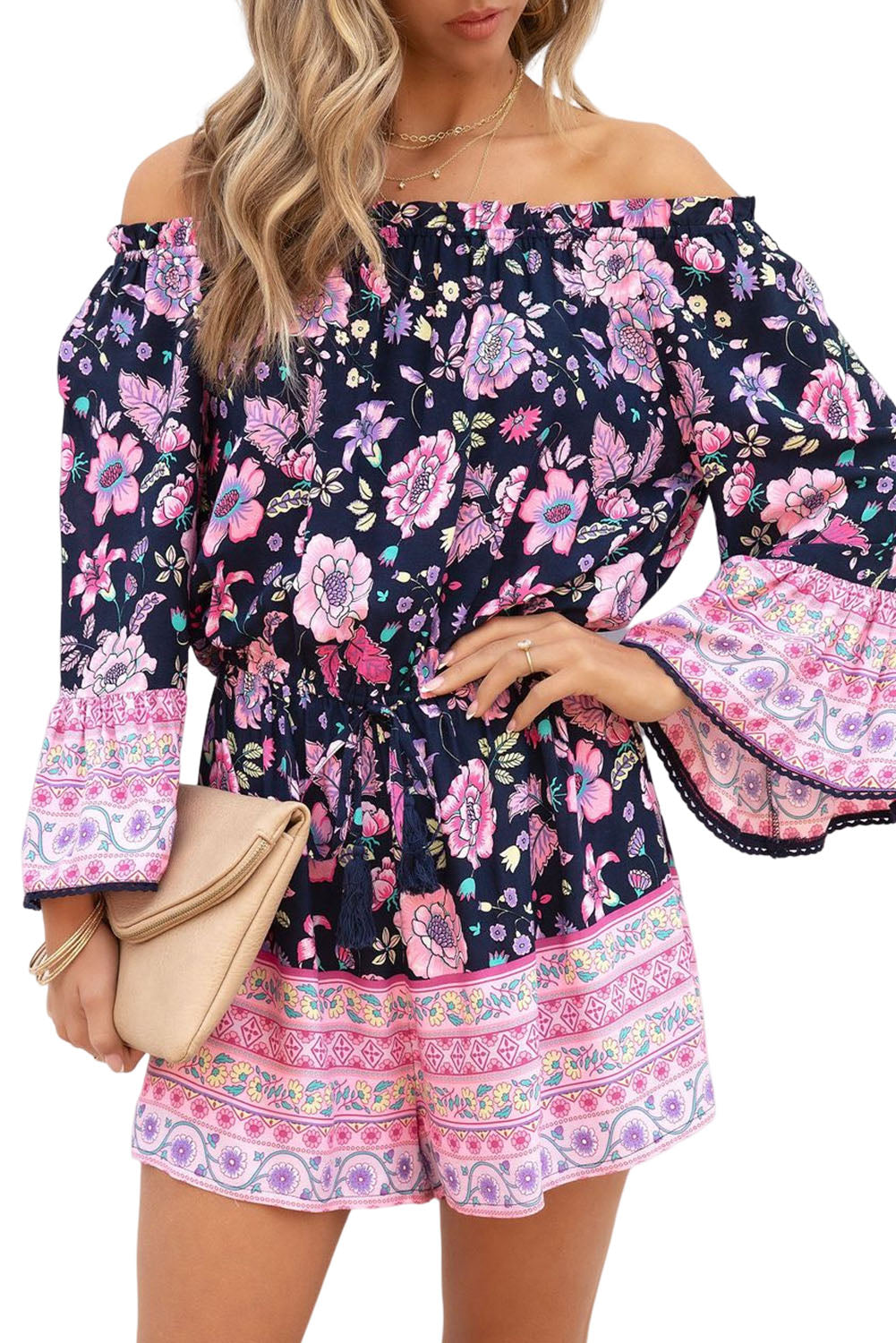 Blue Floral Patchwork High Waist Off Shoulder Romper Jumpsuits & Rompers JT's Designer Fashion