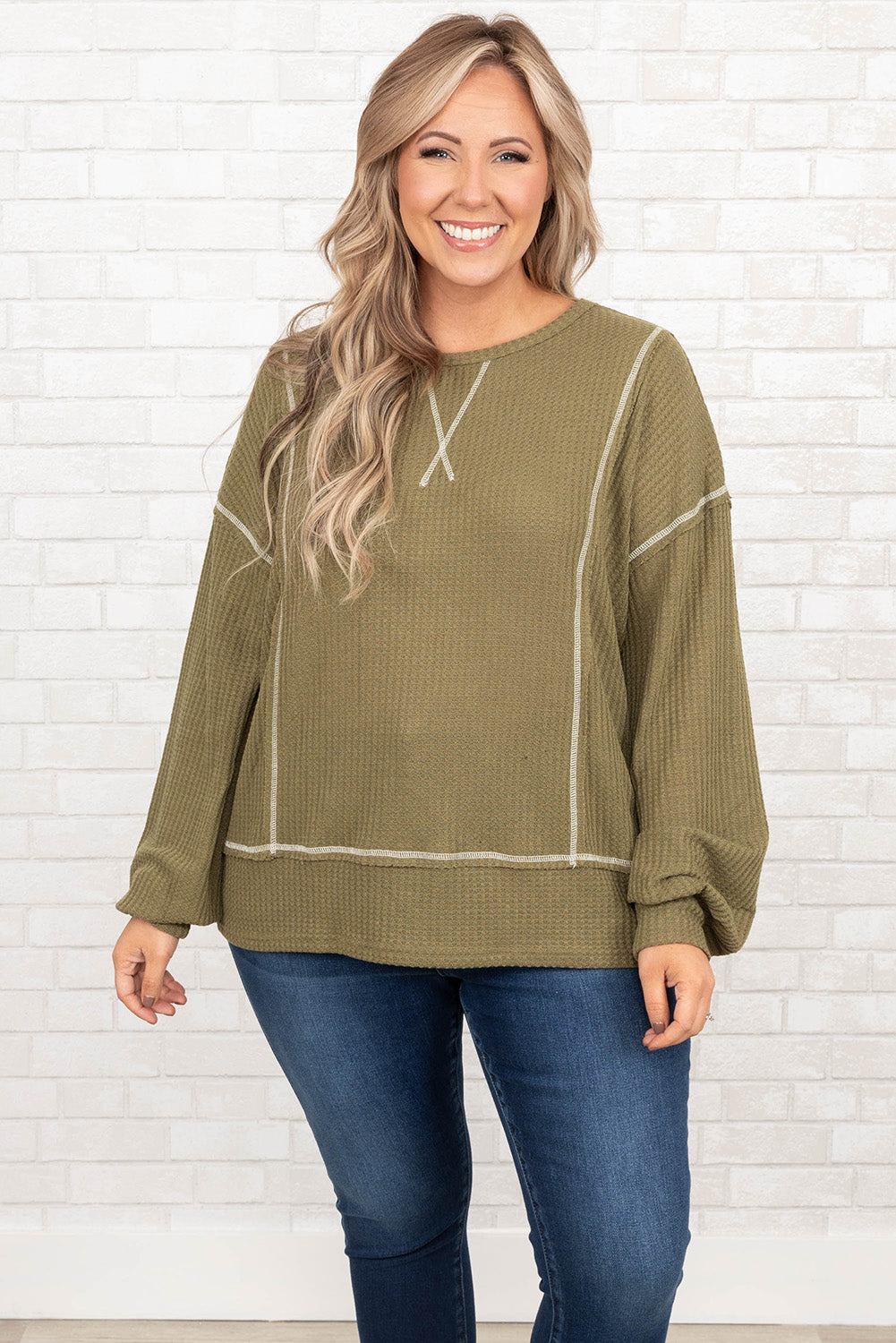 Green Plus Size Seamed Bubble Sleeve Waffle Knit Top Plus Size JT's Designer Fashion