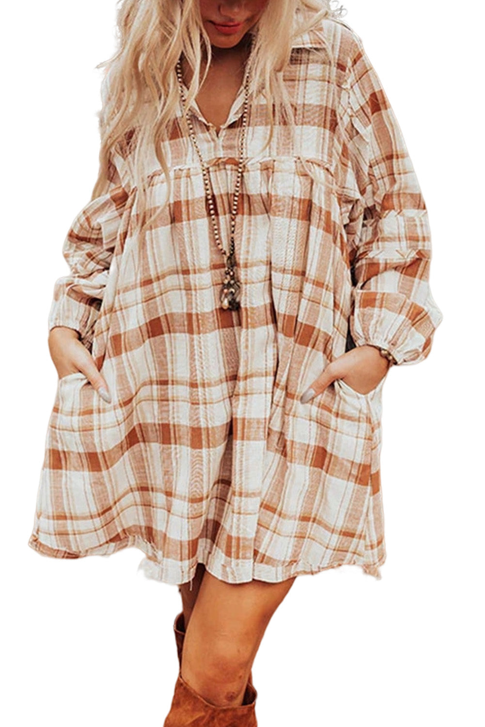 Brown Plaid Print Babydoll Mini Dress Mini Dresses JT's Designer Fashion