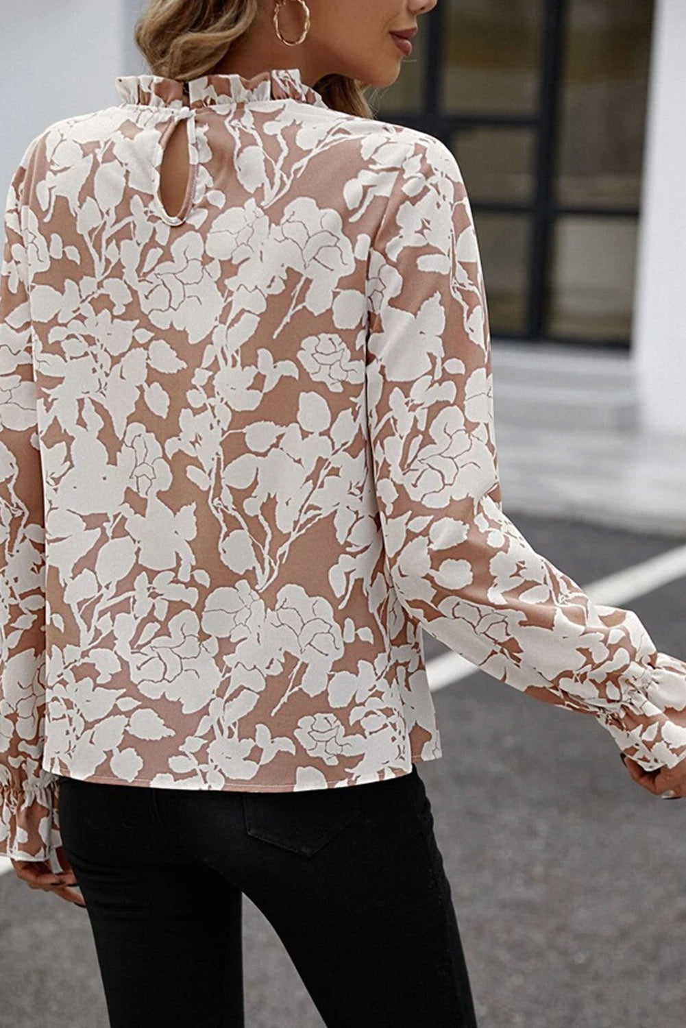 Flaxen Floral Print Frilled Neckline Flounce Sleeve Blouse Tops & Tees JT's Designer Fashion