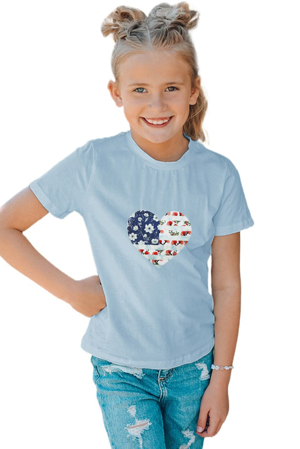 Sky Blue Family Matching American Flag Flower Heart Print Girl's Graphic Tee Family T-shirts JT's Designer Fashion