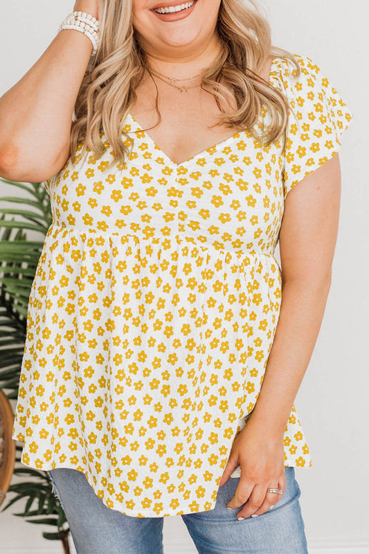 Yellow Plus Size Floral Babydoll Top Plus Size Tops JT's Designer Fashion