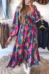 Multicolor Square Neck High Waist Ruffled Floral Dress Dresses JT's Designer Fashion
