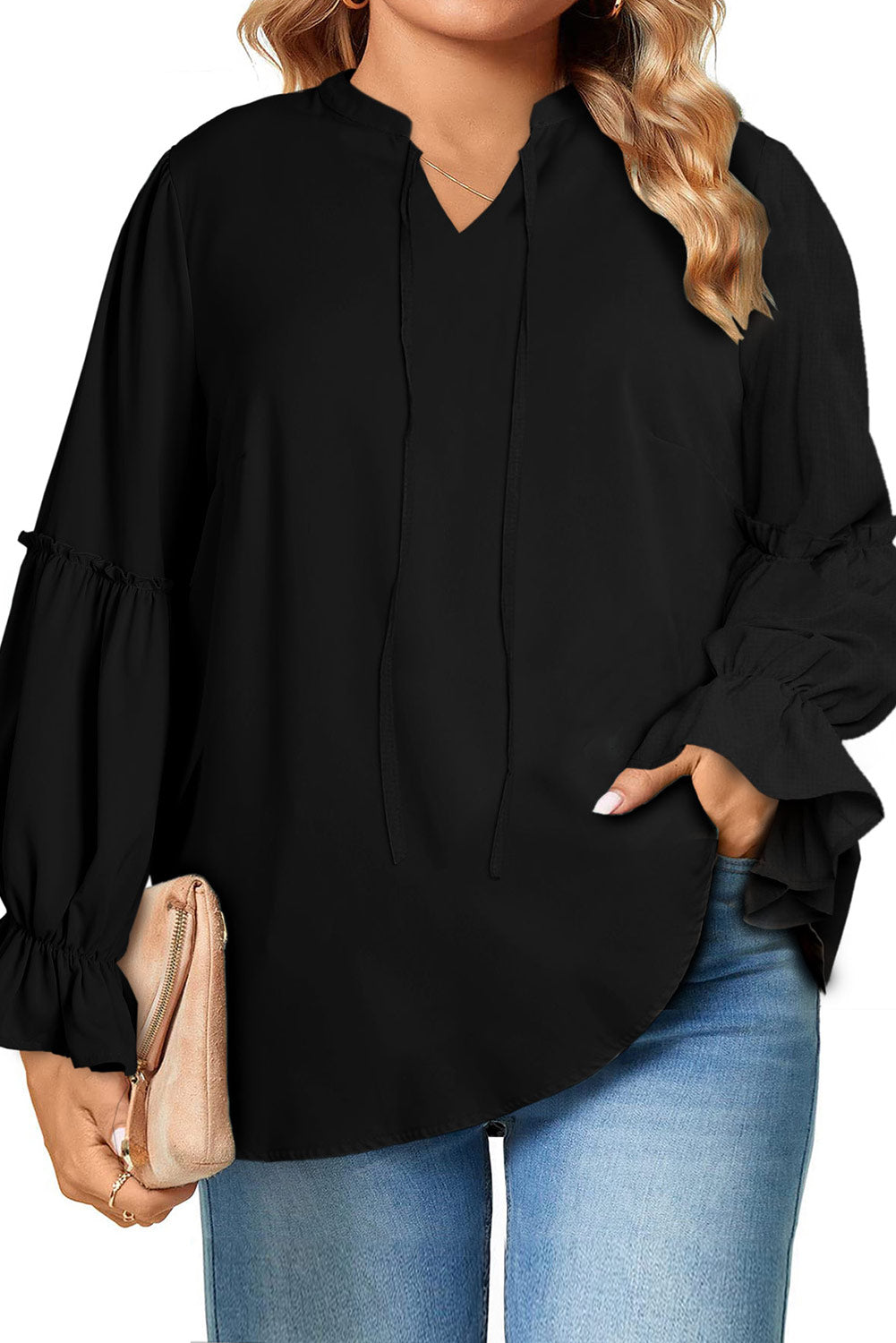 Black Plus Size Split Neck Ruffle Sleeve Blouse Plus Size JT's Designer Fashion