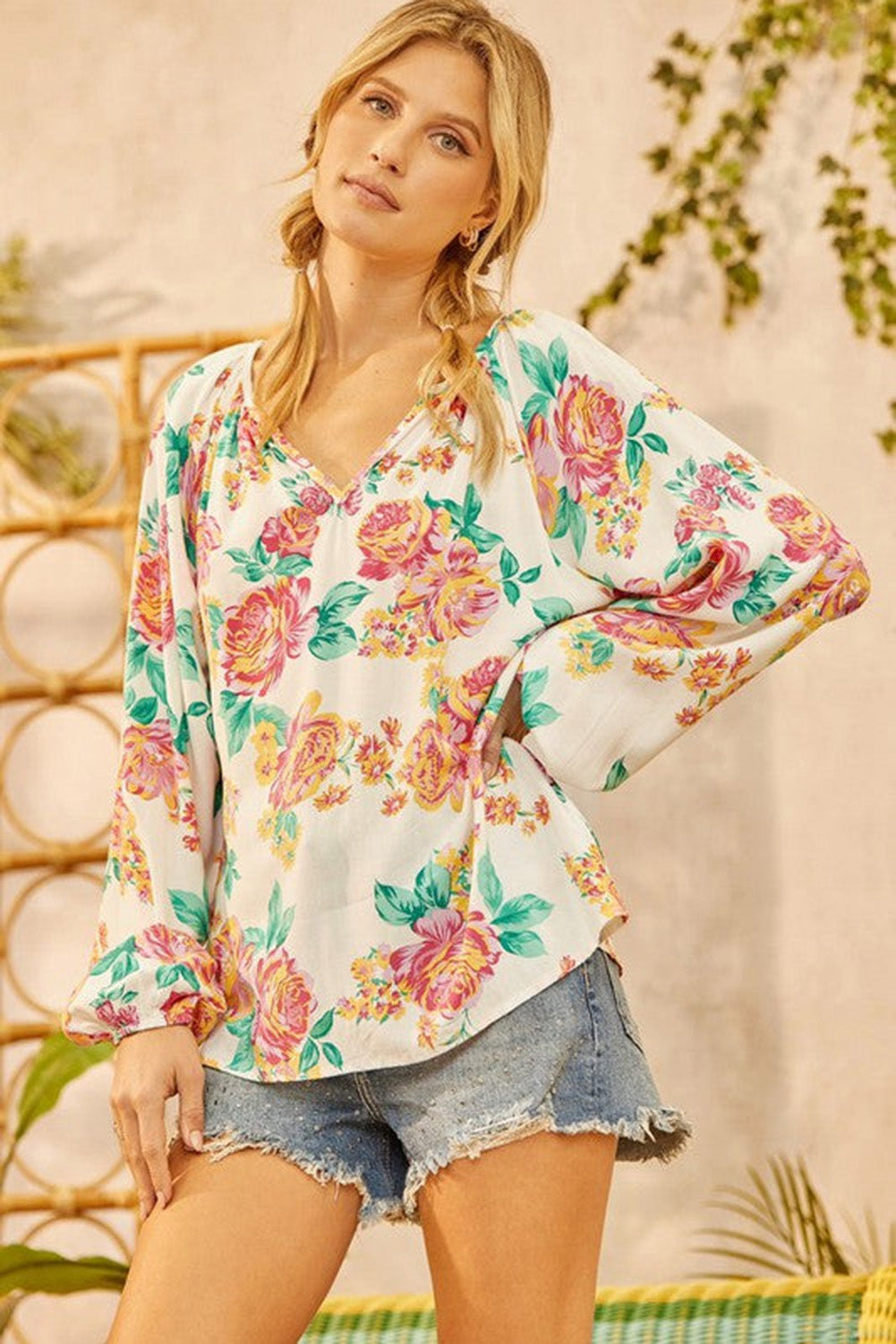 White Notch V Neck Floral Pleated Puff Sleeve Blouse Tops & Tees JT's Designer Fashion