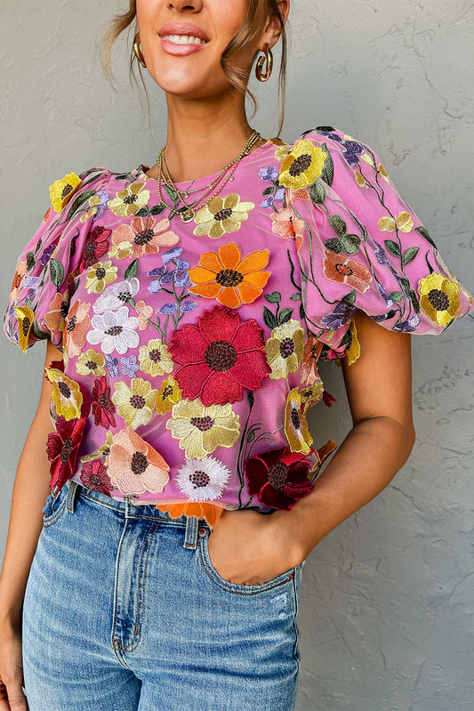 Pink Blooming Floral Embroidered Puff Sleeve Blouse Tops & Tees JT's Designer Fashion