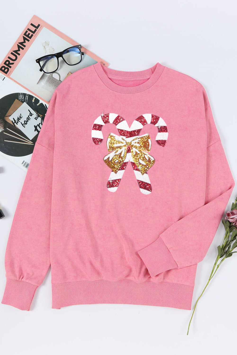 Pink Christmas Cane Bow Knot Sequin Print Pullover Sweatshirt Graphic Sweatshirts JT's Designer Fashion