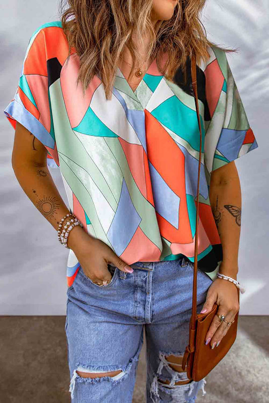 Multicolor Irregular Color Block Printed Short Sleeve Blouse Tops & Tees JT's Designer Fashion