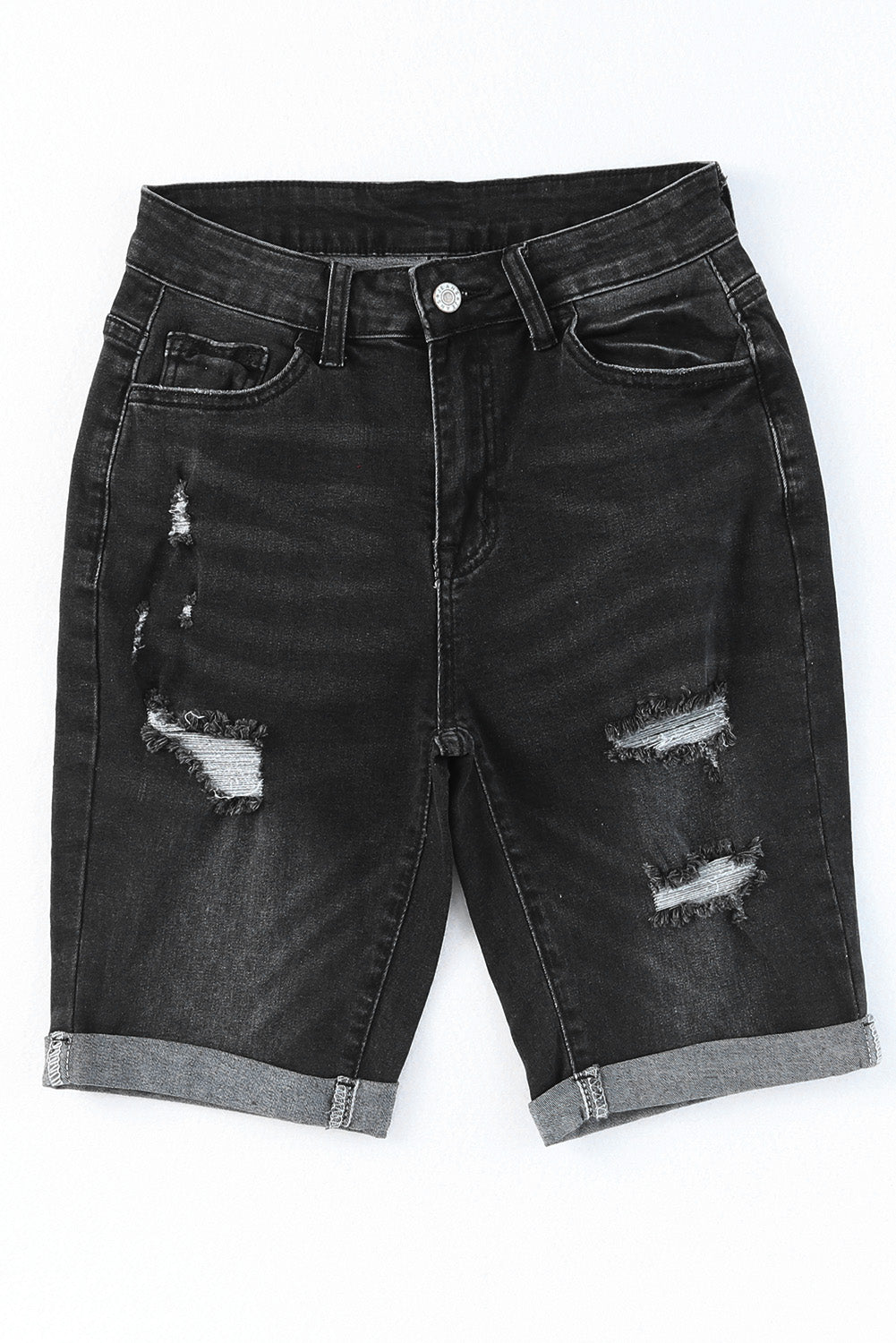 Black Roll-up Distressed Bermuda Denim Shorts Denim Shorts JT's Designer Fashion