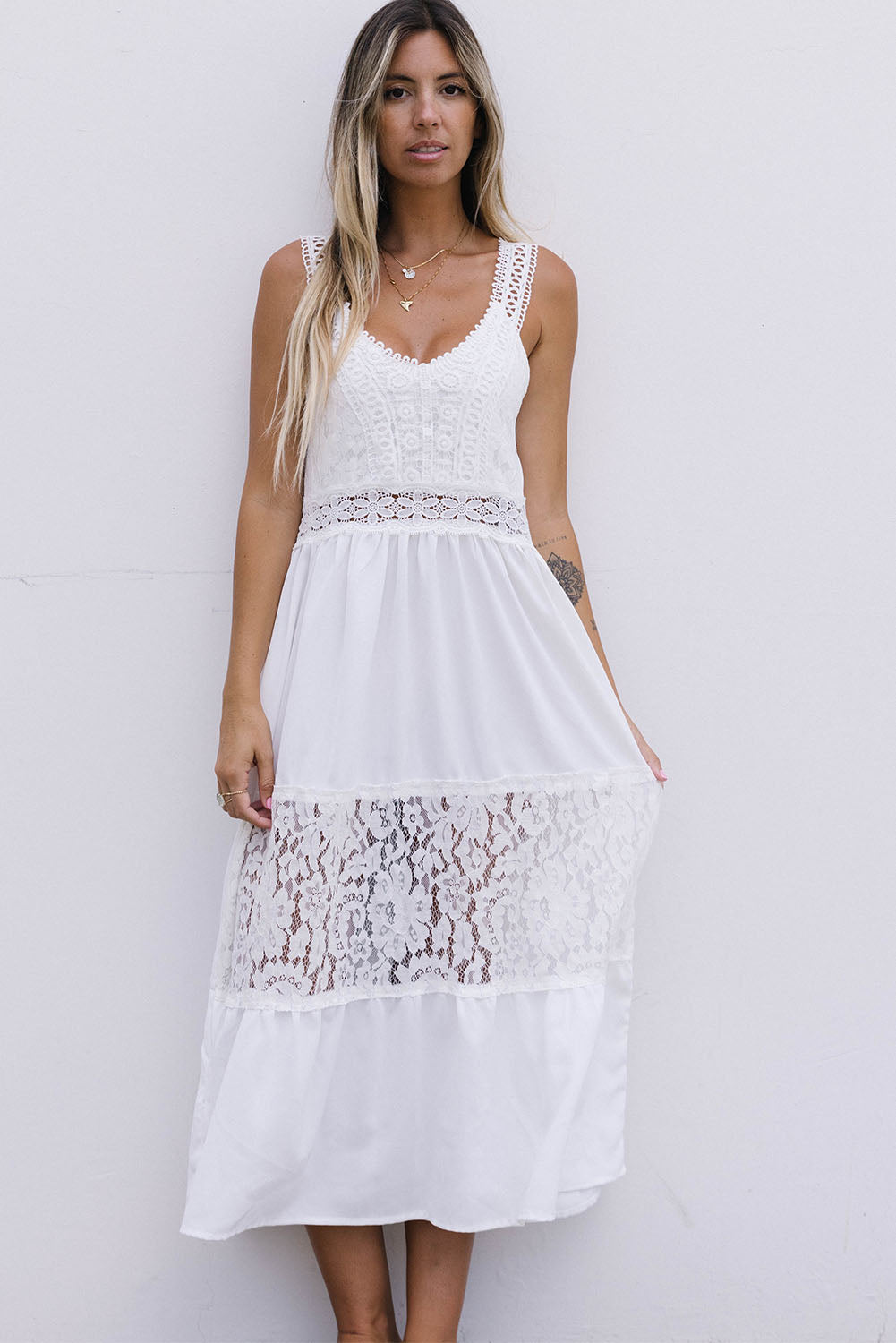 White Floral Lace Tiered Patchwork Sleeveless Dress White 65%Cotton+35%Polyester Maxi Dresses JT's Designer Fashion