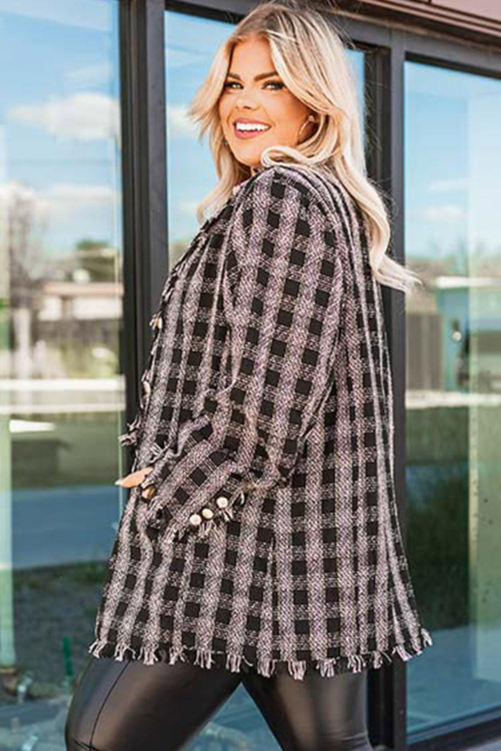 Black Plaid Tweed Frayed Trim Plus Size Blazer Plus Size JT's Designer Fashion