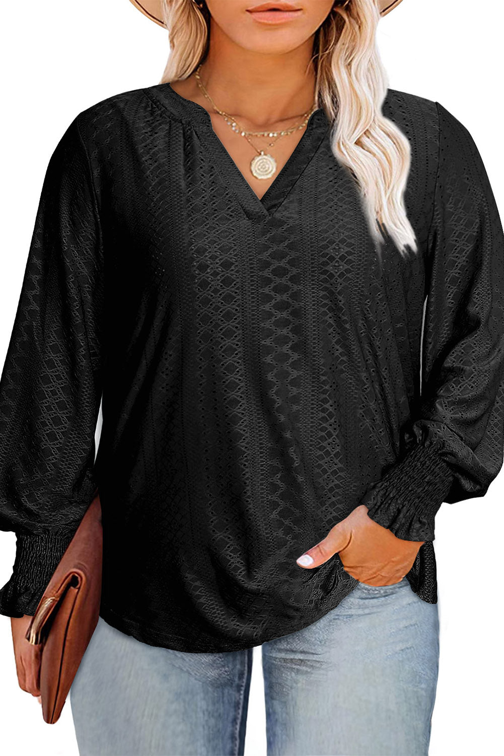 Black Eyelet Embroidered Split Neck Flounce Sleeve Curvy Top Plus Size JT's Designer Fashion