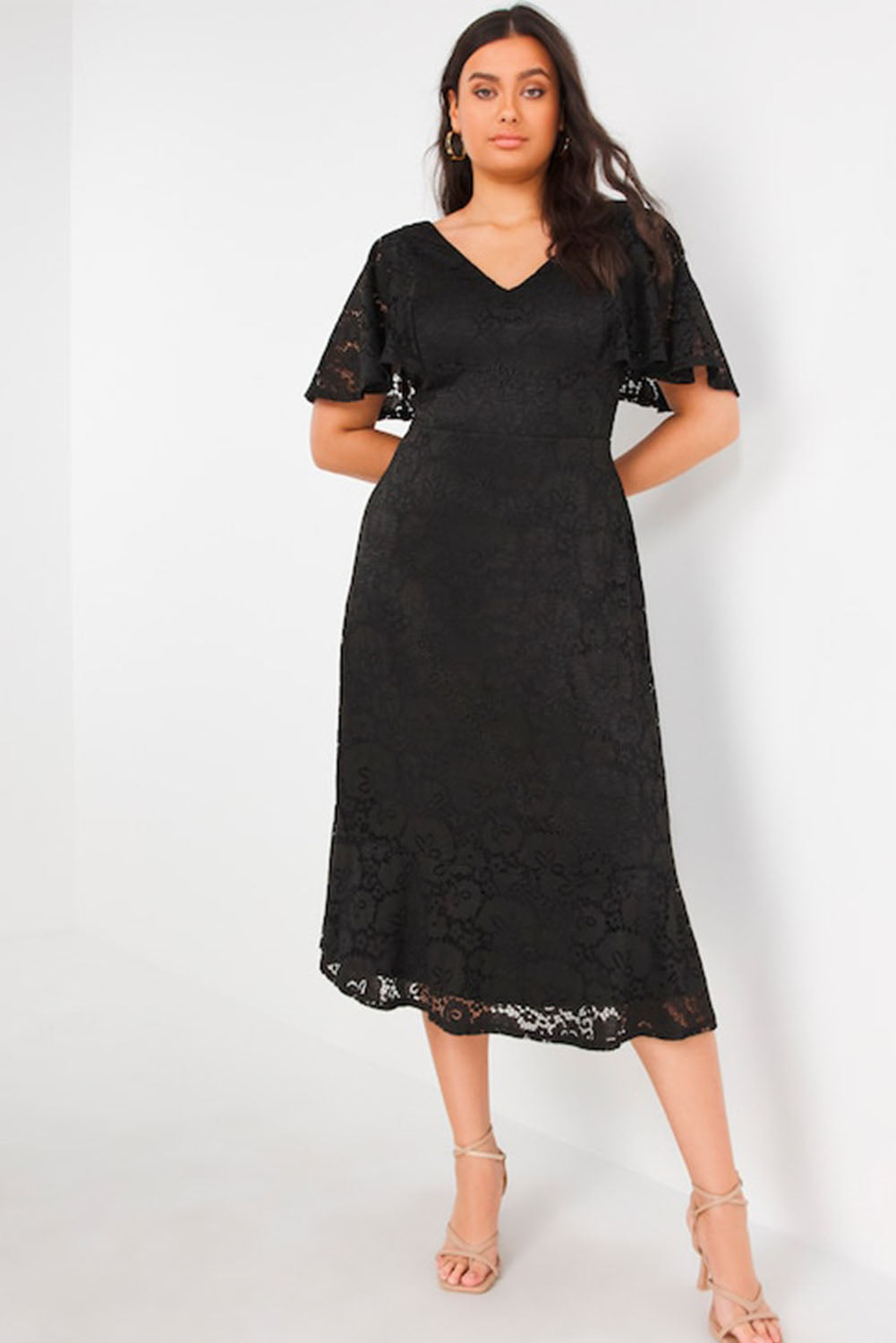 Black Plus Size Lace Flutter Sleeves Flare Midi Dress Plus Size JT's Designer Fashion