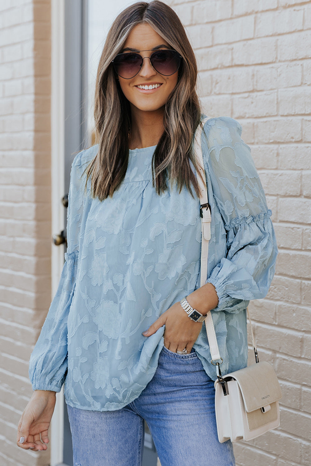 Blue Textured Ruffle Lantern Sleeve Babydoll Blouse Blouses & Shirts JT's Designer Fashion