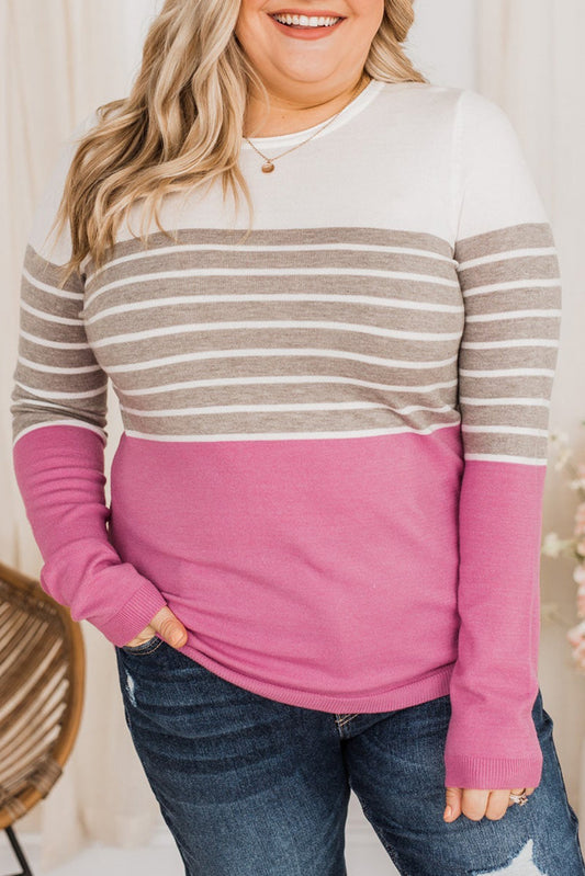 Pink Plus Size Striped Patchwork Knit Sweater Plus Size Tops JT's Designer Fashion