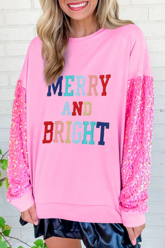 Pink MERRY AND BRIGHT Sequin Sleeve Sweatshirt Pink 65%Polyester+35%Cotton Graphic Sweatshirts JT's Designer Fashion