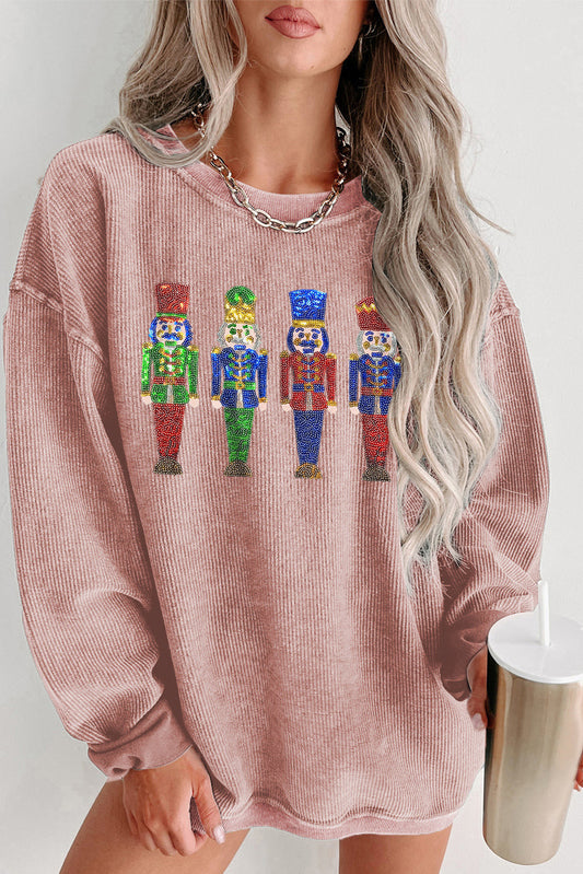 Pink Sequined Nutcracker Doll Corded Baggy Sweatshirt Pink 100%Polyester Graphic Sweatshirts JT's Designer Fashion