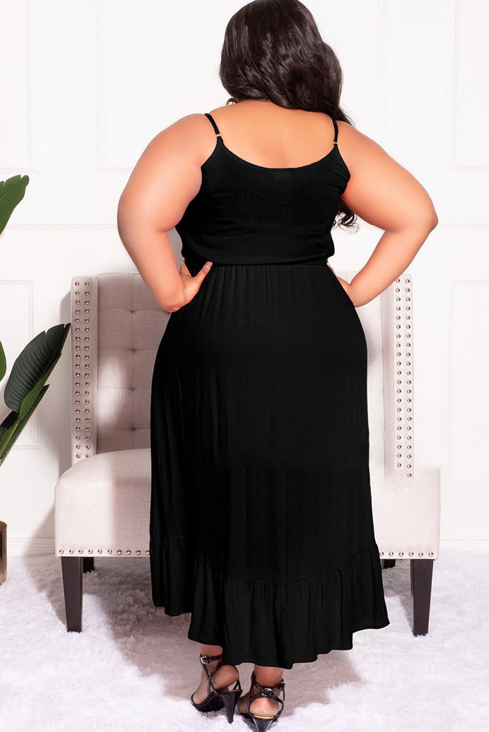 Black Plus Size Spaghetti Straps Buttoned Ruffle Midi Dress Plus Size Dresses JT's Designer Fashion