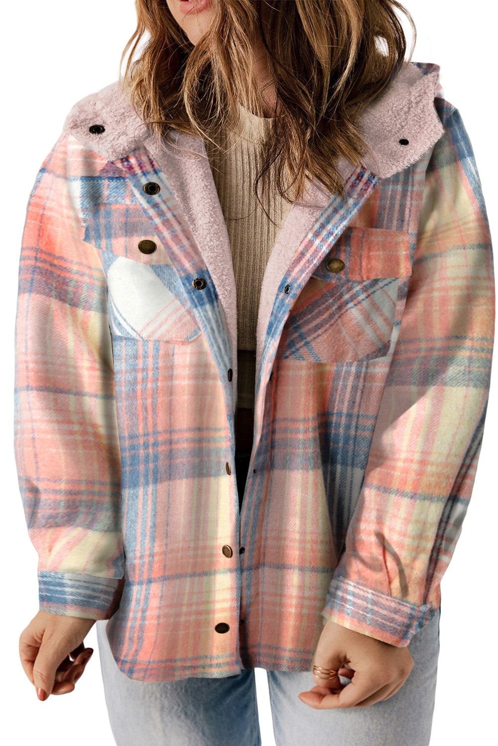 Pink Printed Plus Size Plaid Sherpa Lined Hooded Jacket Plus Size JT's Designer Fashion