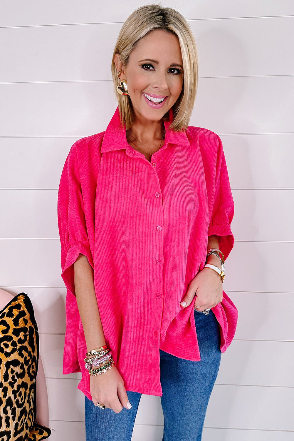 Strawberry Pink Half Sleeve Corduroy Shirt Tops & Tees JT's Designer Fashion