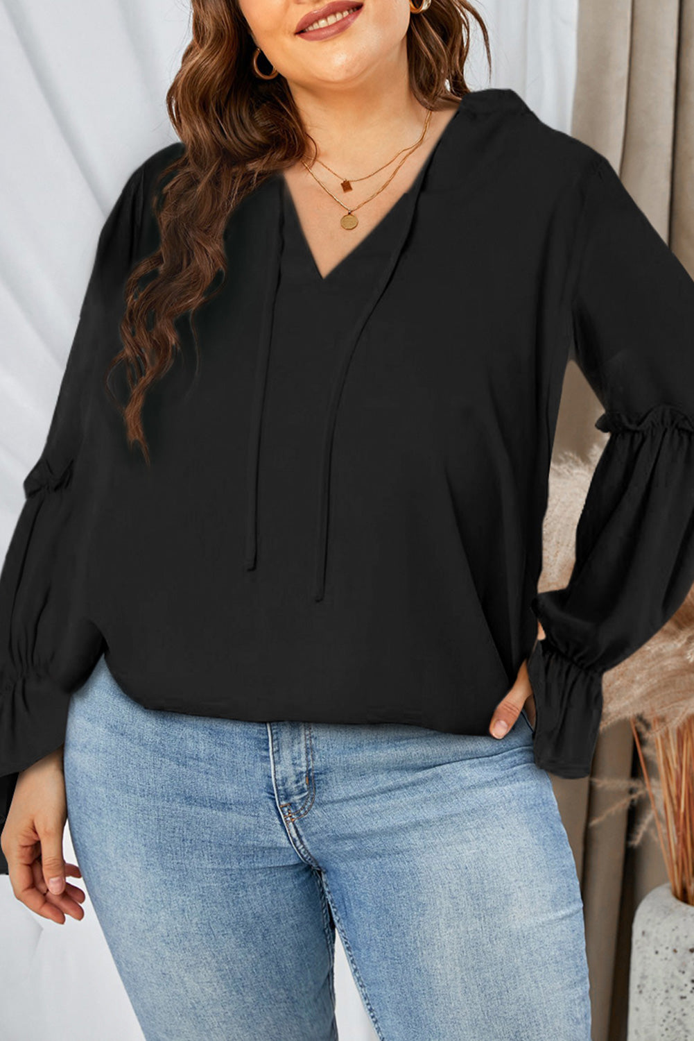 Black Plus Size Split Neck Ruffle Sleeve Blouse Plus Size JT's Designer Fashion