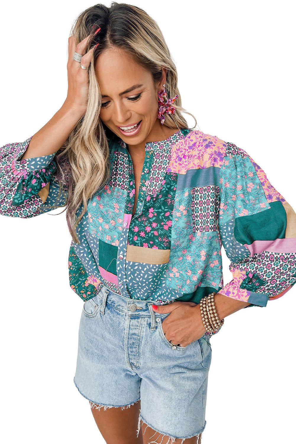 Green Multicolor Floral Patchwork Print Buttoned Puff Sleeve Shirt Tops & Tees JT's Designer Fashion