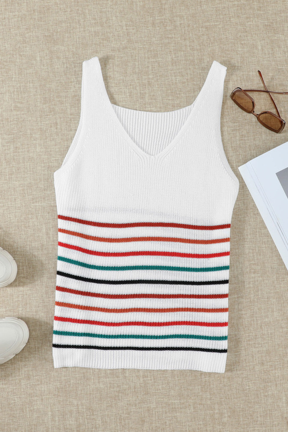 Multicolor Stripes White Knit Tank Top Tank Tops JT's Designer Fashion