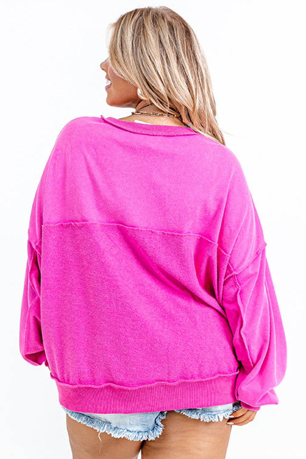 Strawberry Pink Exposed Seam Plus Size Henley Sweatshirt Plus Size JT's Designer Fashion