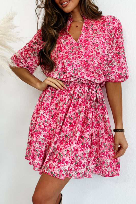 Rose Ditsy Floral Notch V Neck Belted Swing Dress Floral Dresses JT's Designer Fashion