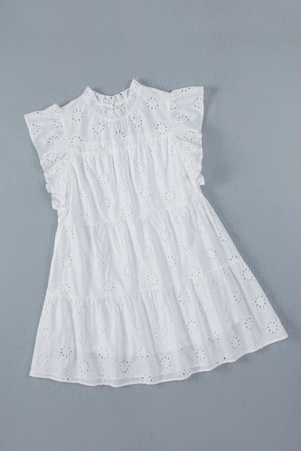 White Floral Eyelet Hollow-out Pattern Flutter Sleeve Tiered Dress Mini Dresses JT's Designer Fashion