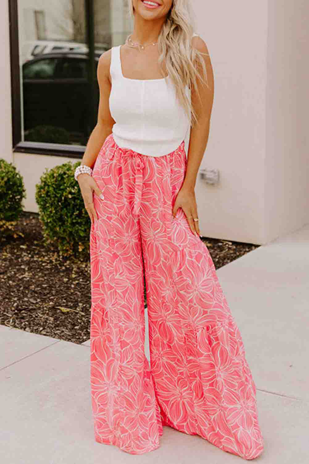 Pink Bohemian Floral Print Wide Leg Pants Bottoms JT's Designer Fashion