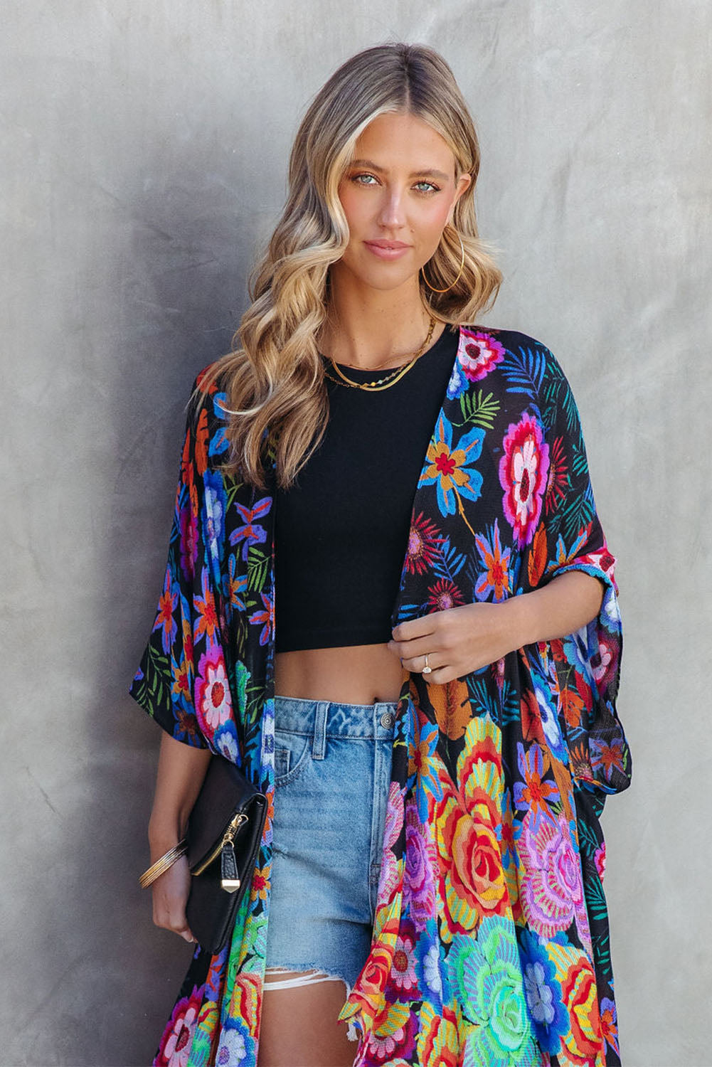 Multicolor Bohemian Floral Print Half Sleeve Open Front Kimono Kimonos JT's Designer Fashion