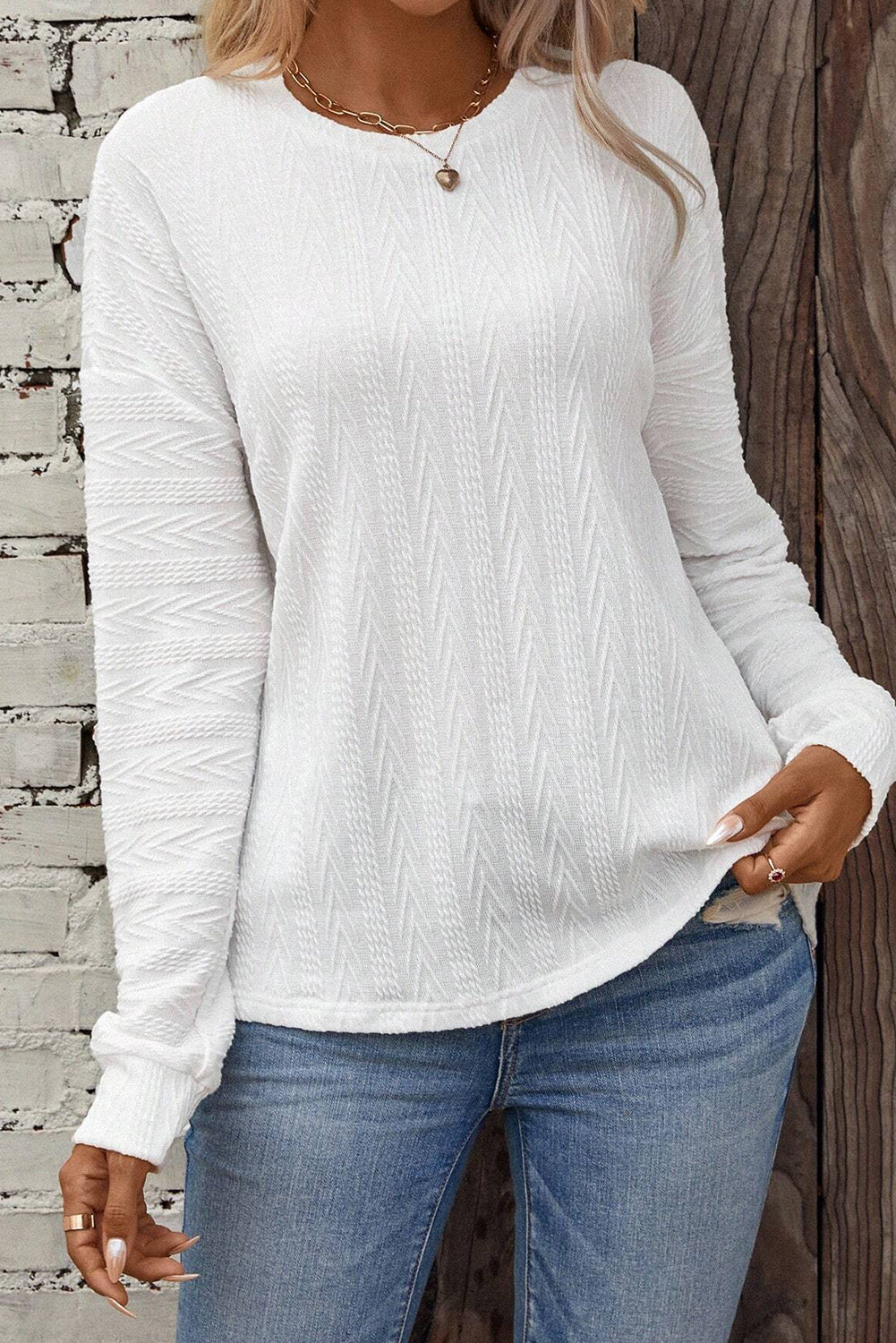 White Round Neck Drop Shoulder Textured Knit Top Tops & Tees JT's Designer Fashion