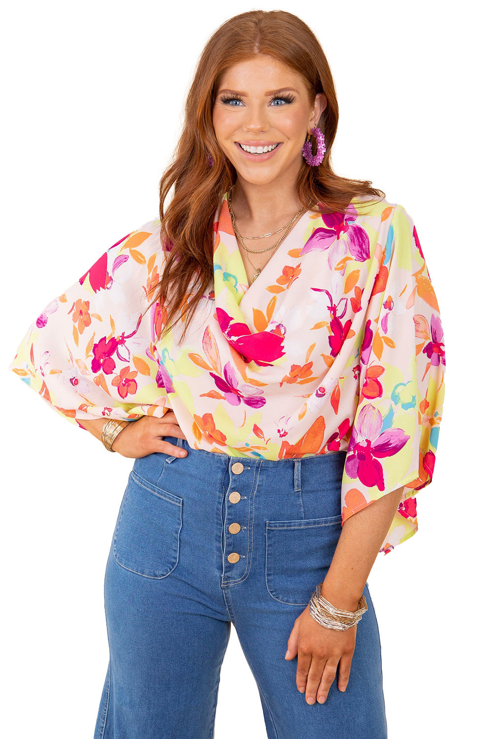 Multicolor Floral Print Cowl Neck Plus Size Blouse Plus Size Tops JT's Designer Fashion