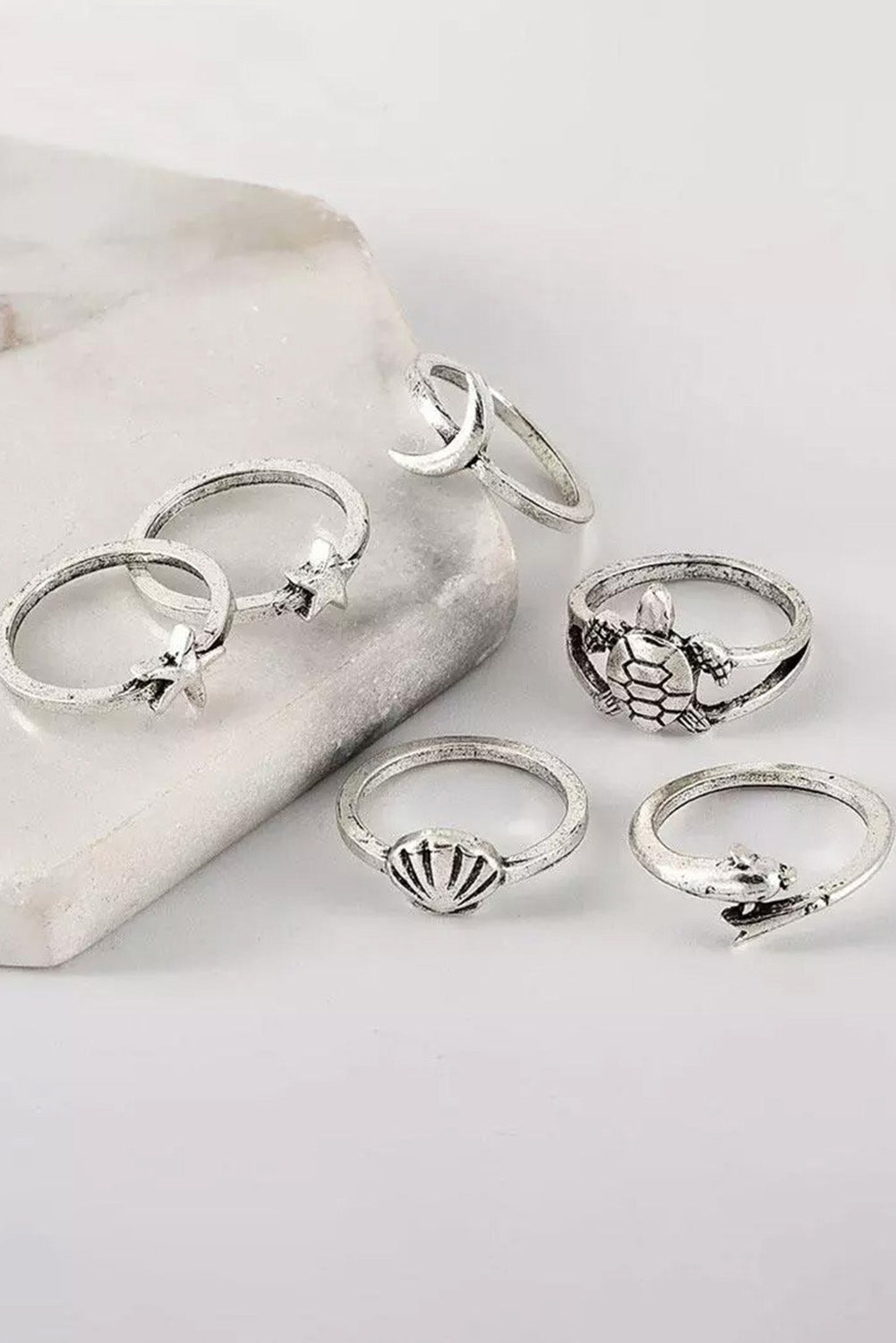 Silver 6Pcs Sea Turtle Shell Starfish Moon Star Ring Set Jewelry JT's Designer Fashion