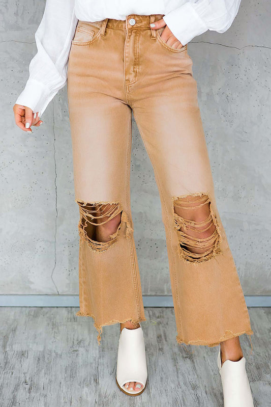 Brown Distressed Hollow-out High Waist Cropped Flare Jeans Bottoms JT's Designer Fashion