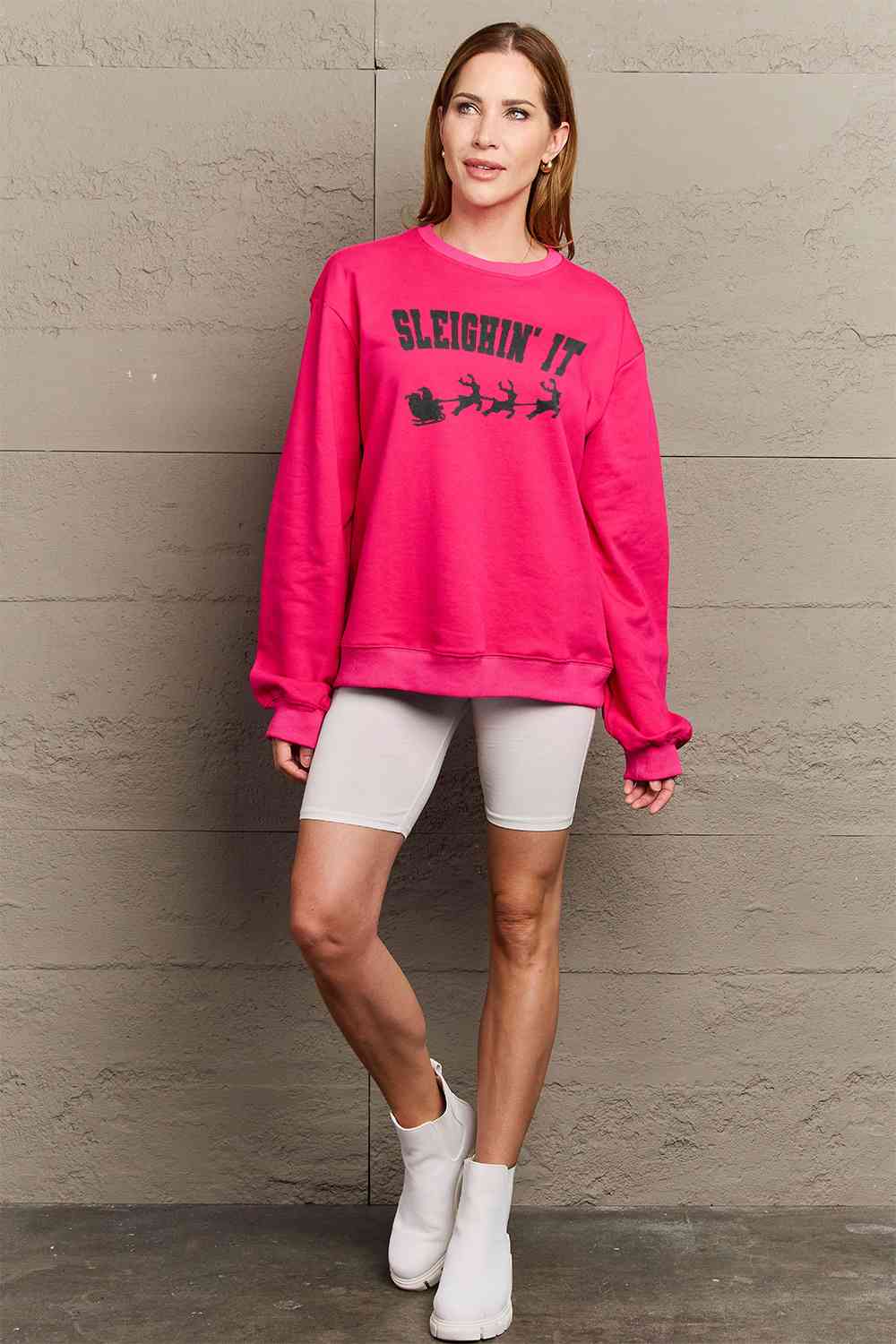 Simply Love Full Size SLEIGHIN' IT Graphic Sweatshirt Graphic Sweatshirts JT's Designer Fashion