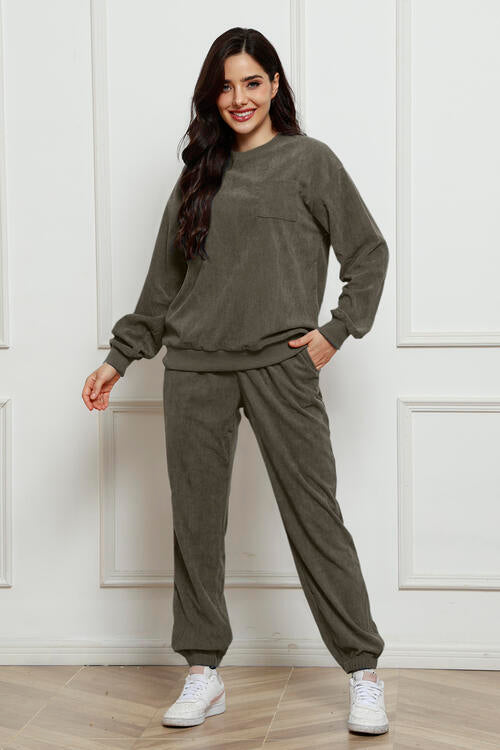 Round Neck Sweatshirt and Sweatpants Set Army Green Jumpsuits & Rompers JT's Designer Fashion