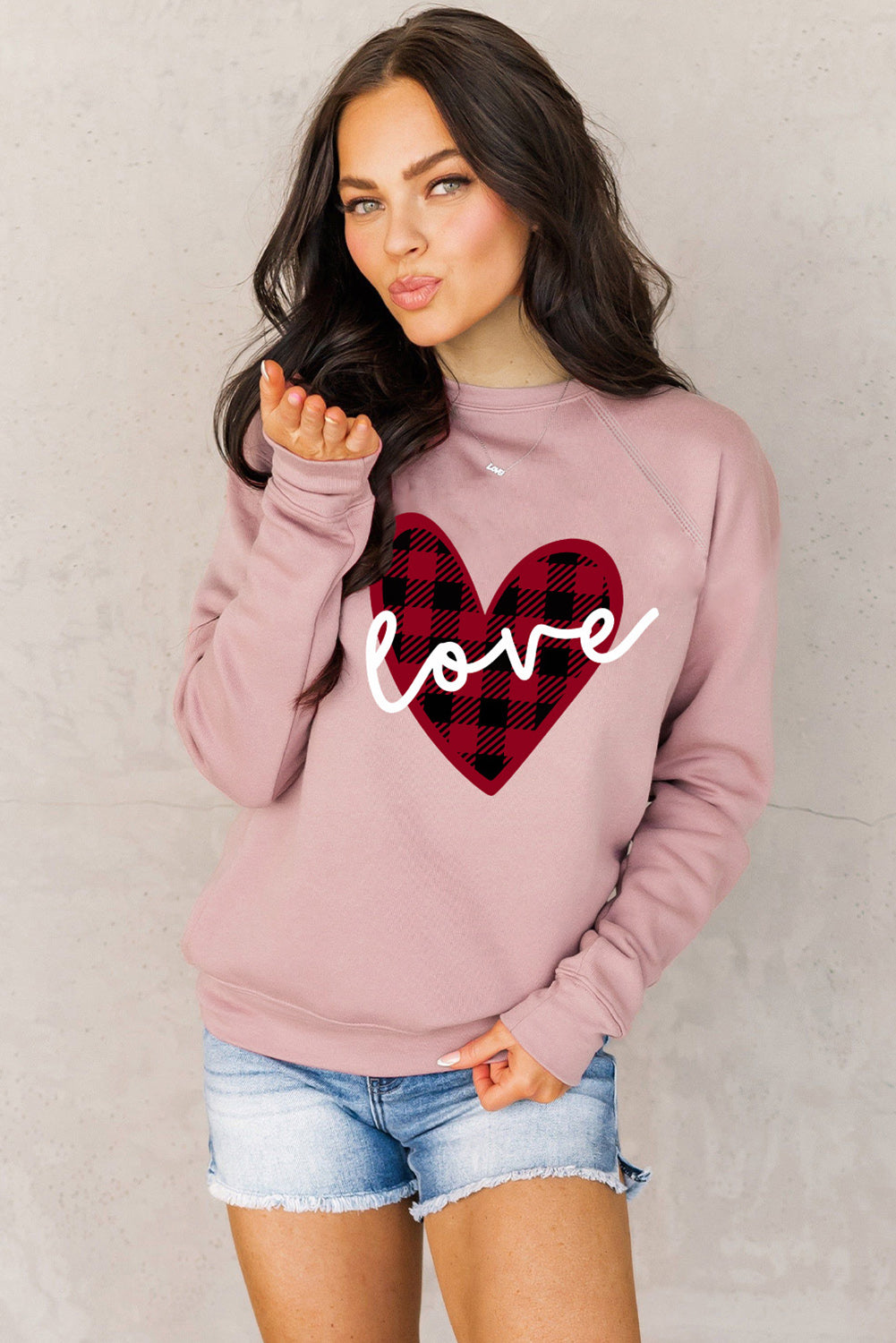 Pink love Heart Shape Plaid Print Raglan Sleeve Sweatshirt Graphic Sweatshirts JT's Designer Fashion