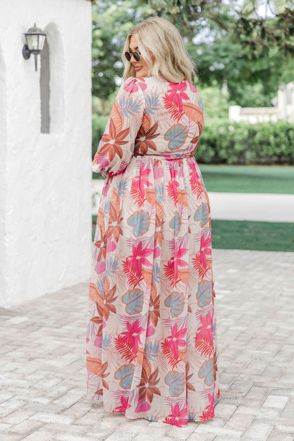 Multicolor Tropical Plant Print Knotted High Waist Plus Size Maxi Dress Plus Size JT's Designer Fashion