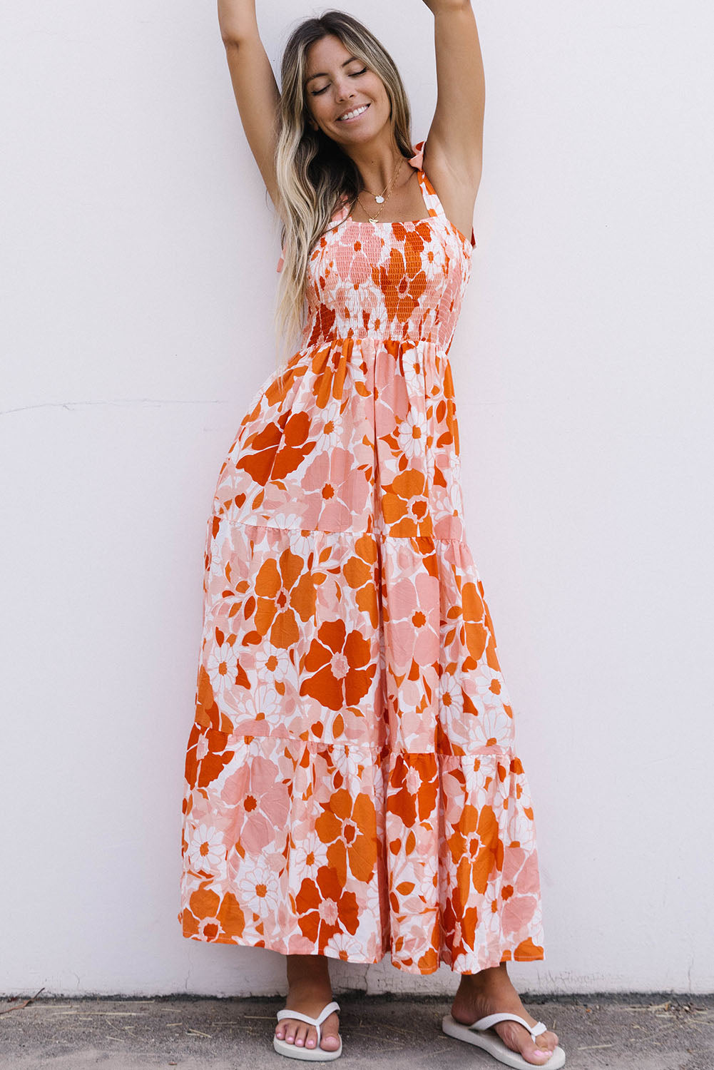 Orange Shirred Lace-up Strap Sleeveless Floral Maxi Dress Maxi Dresses JT's Designer Fashion