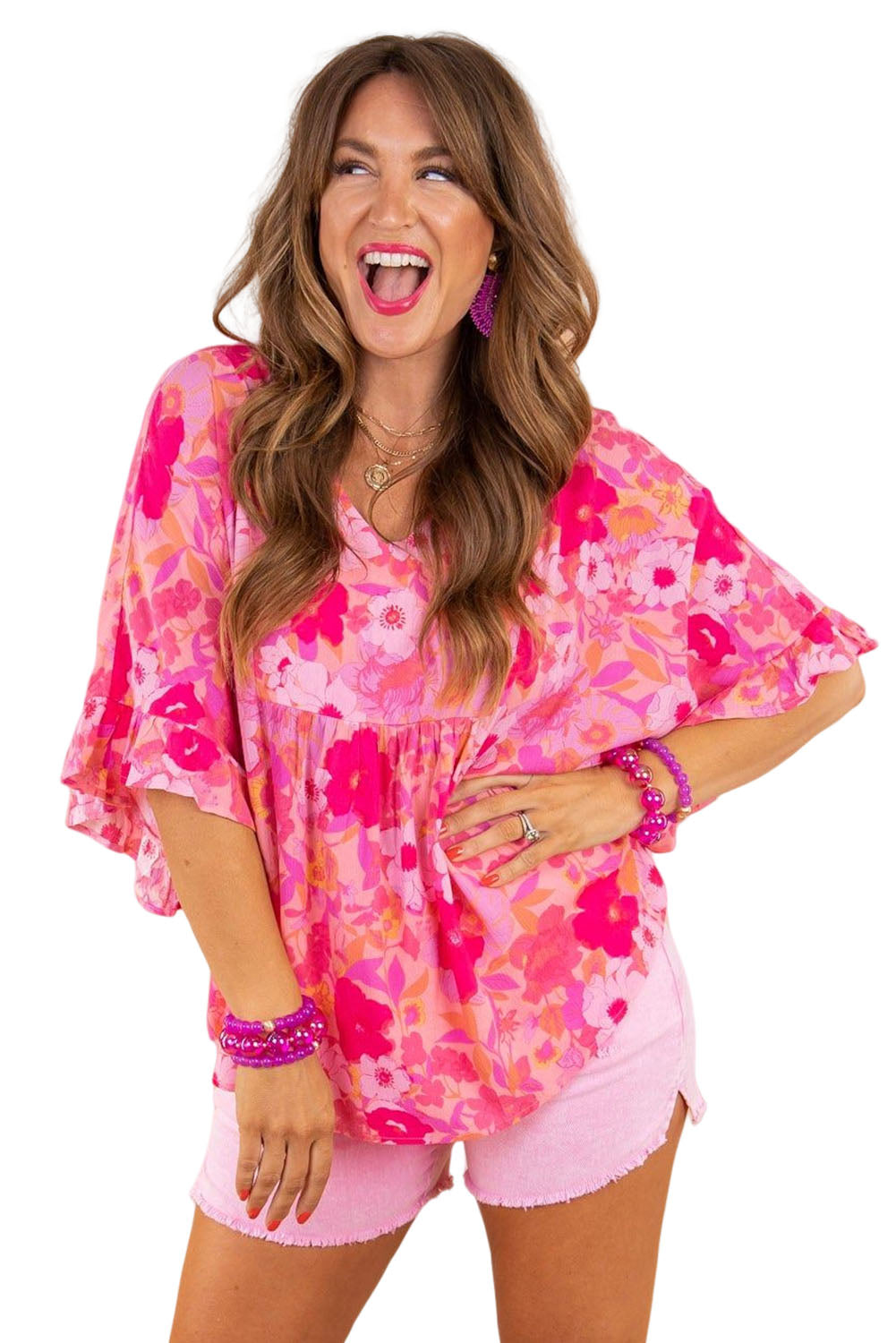 Rose Floral Print Ruffled Half Sleeve V Neck Babydoll Blouse Plus Size JT's Designer Fashion