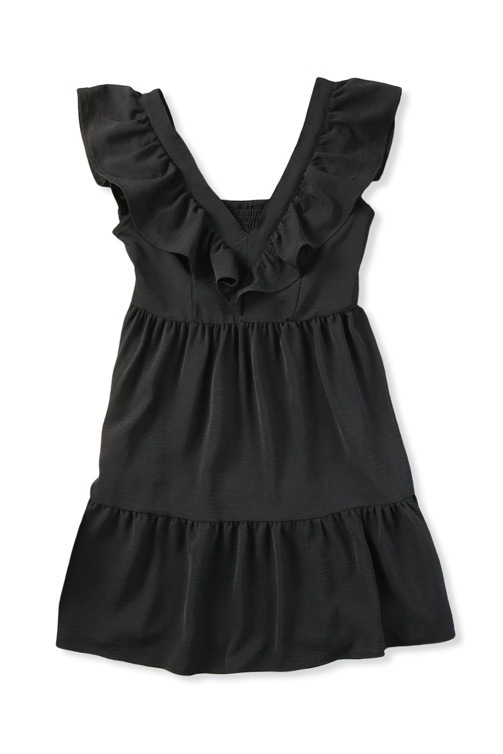 Black Ruffle Trim V Neck Smocking Back Mini Dress Mini Dresses JT's Designer Fashion