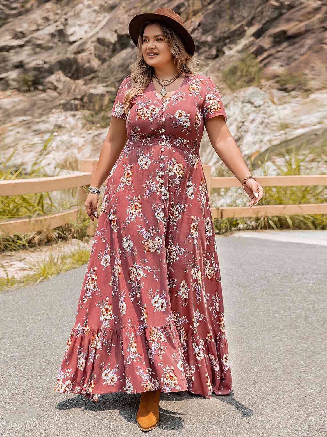 Plus Size Floral Slit Ruffle Hem Dress Maxi Dresses JT's Designer Fashion