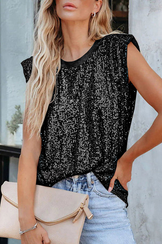 Black Apricot Sequin Round Neck Tank Top Black 95%Polyester+5%Elastane Tank Tops JT's Designer Fashion