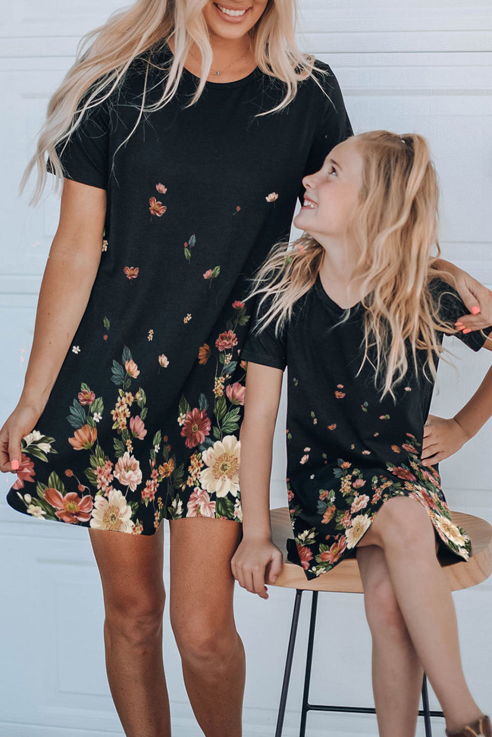 Black Family Matching Floral Print Short Sleeve Girl's Mini Dress Family Dress JT's Designer Fashion