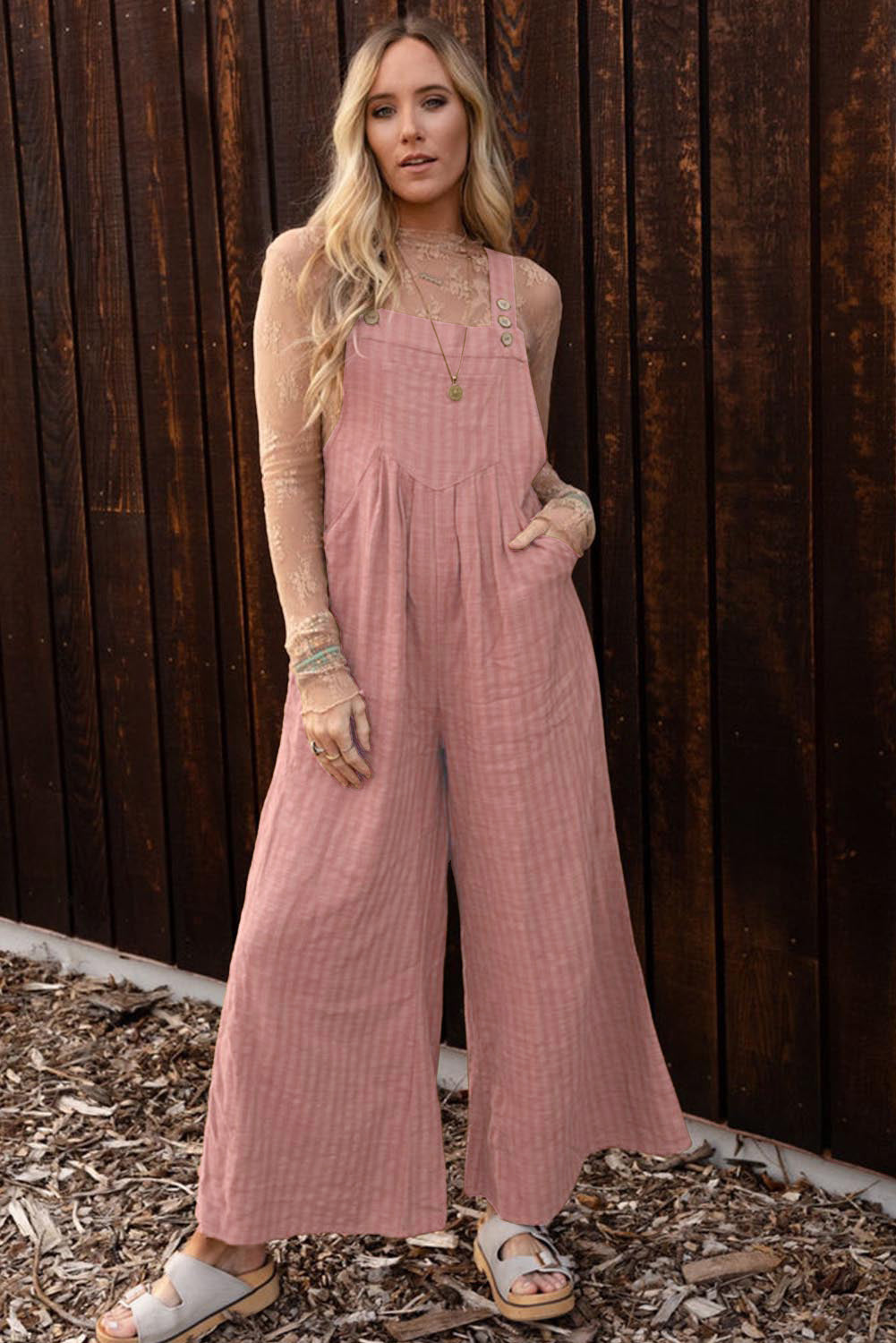 Rose Pink Striped Pleated Wide Leg Pocketed Jumpsuit Bottoms JT's Designer Fashion