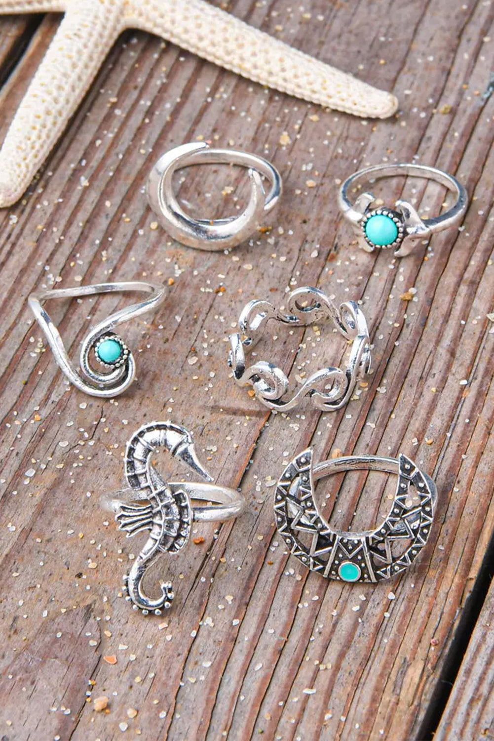 Silver 6Pcs Moon Turquoise Alloy Open Ring Set Jewelry JT's Designer Fashion