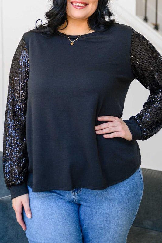 Black Sequin Contrast Long Sleeve Plus Size Top Plus Size JT's Designer Fashion